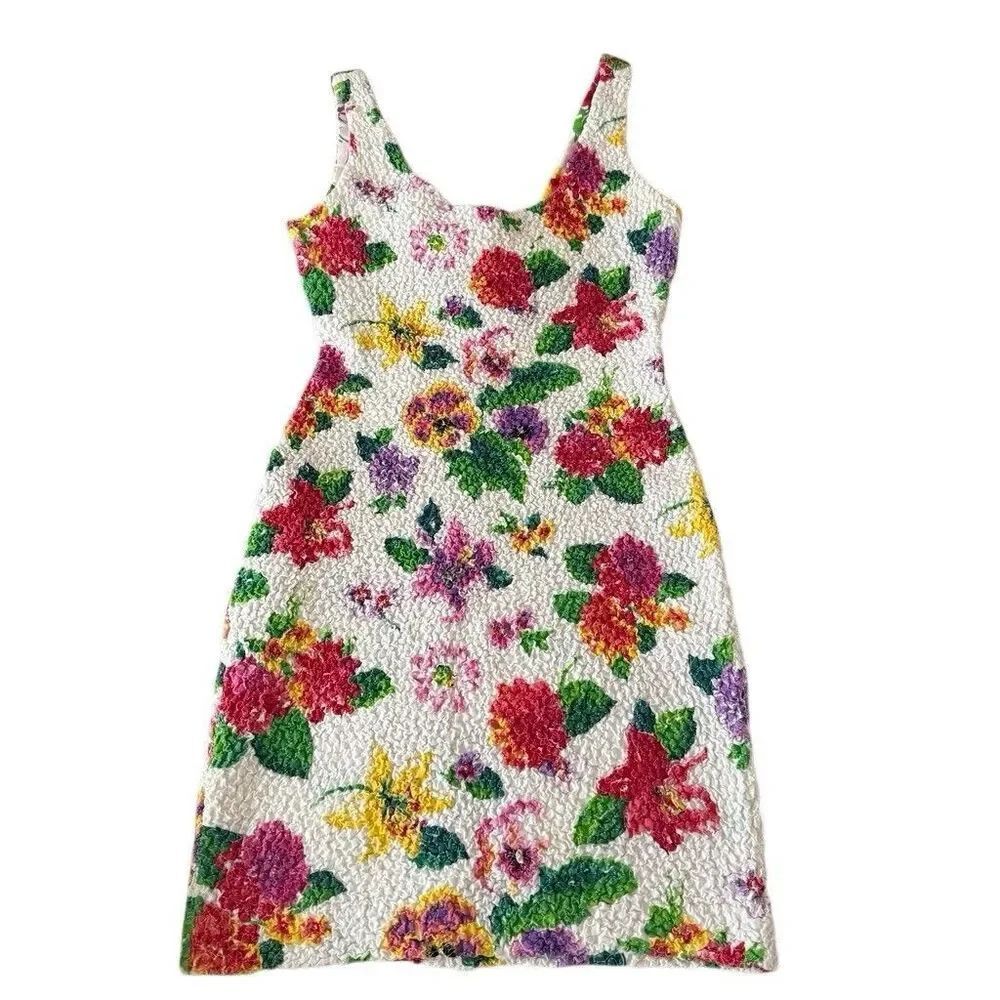 Vintage Expo Floral Bodycon Stretch Crinkle Texture Mini Dress Size 4 Hawaii